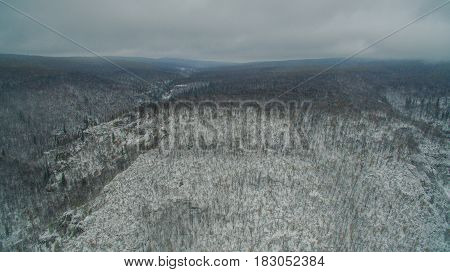 Aerial view near of Kinderlinskaya cave and village Tash-Asty on Zilim river