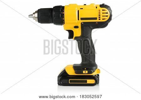 modern professional a cordless drill screwdriver yellow and black on a white background