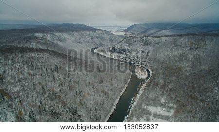 Aerial view near of Kinderlinskaya cave and village Tash-Asty on Zilim river