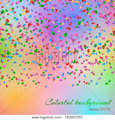 Glitter sparkle background with falling confetti on the colorful backdrop