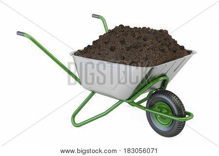Garden wheelbarrow with soil or compost 3D rendering isolated on white background