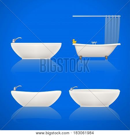 illustration of set white bathtubes with shadows on bright background