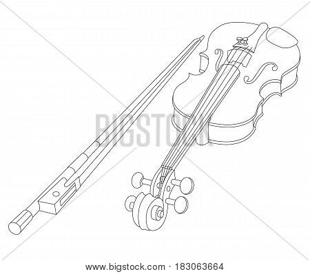 Vector illustration of violin with bow isolated on a white background. Can be used for graphic design, textile design or web design.