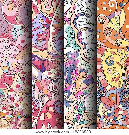 Set Of Tracery Colorful Seamless Patterns. Curved Doodling Backgrounds For Textile Or Printing With