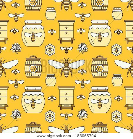 Beekeeping seamless pattern yellow color, apiculture vector illustration. Apiary thin line icons - bee, beehives, barrel. Cute repeated texture for honey processing business.