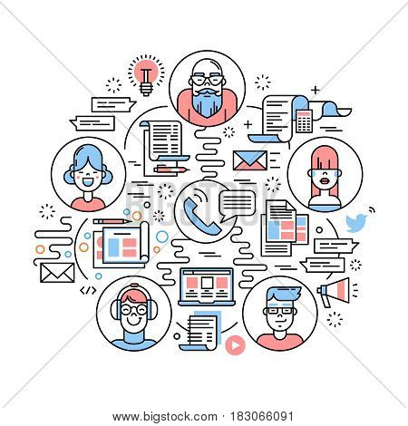 Business team communication and teamwork collaboration concept. Modern thin line icons art work collage. Startup company linear illustration isolated on white background.