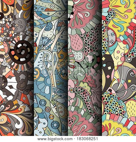 Set Of Tracery Colorful Seamless Patterns. Curved Doodling Backgrounds For Textile Or Printing With