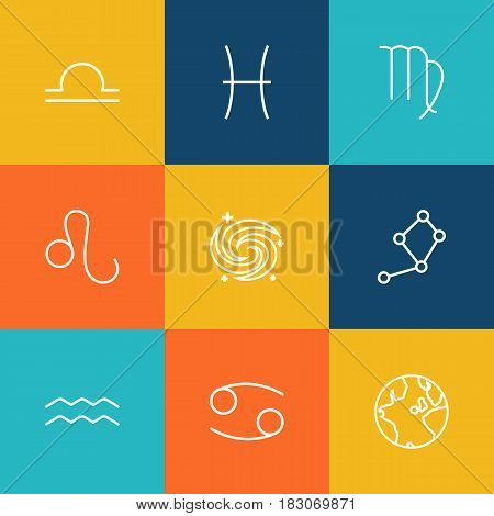 Set Of 9 Astrology Outline Icons Set.Collection Of Libra, Aqurius, Constellation And Other Elements.