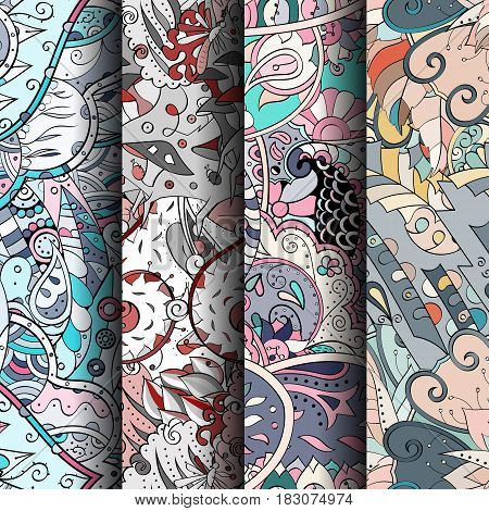 Set Of Tracery Colorful Seamless Patterns. Curved Doodling Backgrounds For Textile Or Printing With