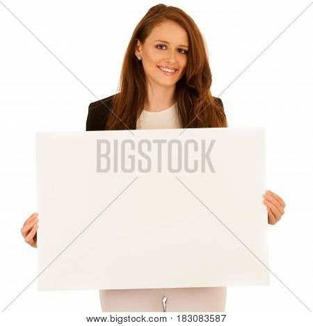 Attractive Business Woman Holding White Banner With Copy Spave For Additional Text Or Graphic Isolat