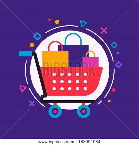 The shopcart full of purchases flat design illustration with the trendy colors and backround with the geometric elements circles lines triangles.