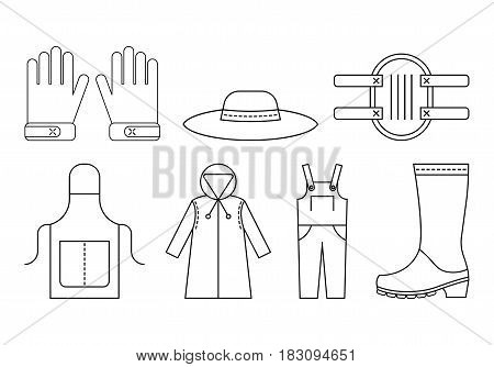 Protective clothing for working in the garden. Flat linear icons, objects of work clothing. Illustration