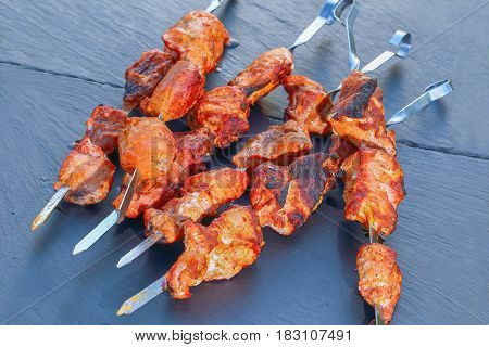 Chargrilled Meat Fillet On Metal Skewers