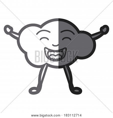 grayscale thick silhouette of caricature of the cloud smiling with arms and legs vector illustration