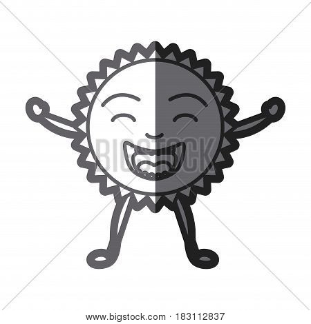 grayscale thick silhouette of caricature of the sun smiling with arms and legs vector illustration