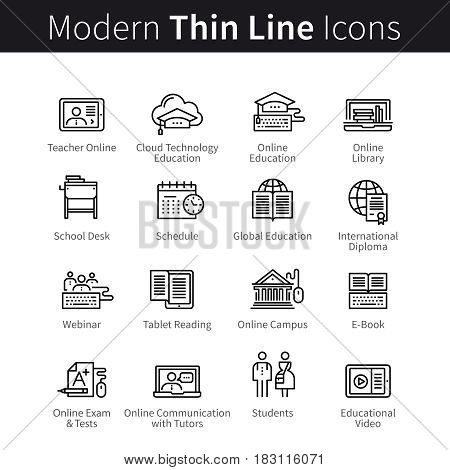 Online learning and seminars concept. Remote internet education computer technology. Web lectures and webinars. Modern thin line art icons. Linear style illustrations isolated on white.