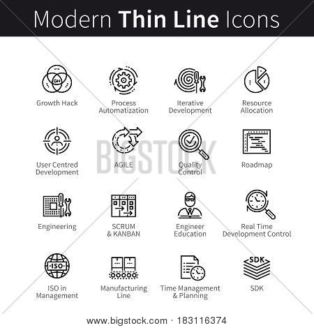 Business growth or startup development, time management and resources allocation. thin black line art icons. Linear style illustrations isolated on white.