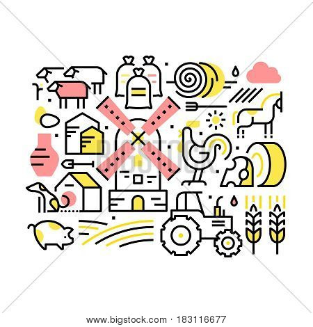 Farming life and agriculture collage. Domestic animals, tractor and village windmill. Modern thin line art icons background. Linear style illustrations isolated on white.