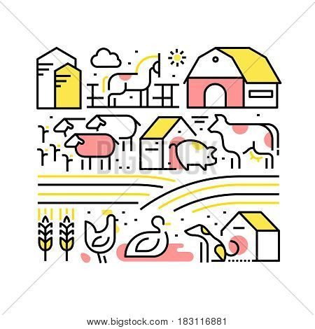 Collage with domestic or farm animals and pets. Farming and agriculture concept. Modern thin line art icons. Linear style illustrations isolated on white.
