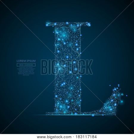 Abstract image of the letter L of a starry sky or space, consisting of points, lines, and shapes in the form of planets, stars and the universe. Vector business
