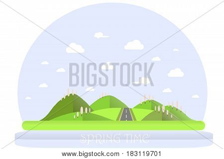 Spring landscape. Green hills, blue sky, white clouds, blooming pink trees, grey highway. Flat design, stock vector illustration