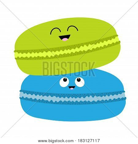 Two macaron or macaroon icon. Sweet bakery pastry cookies set with face. Cute cartoon smiling character collection. Fast food snack. Isolated. White background. Flat design. Vector illustration