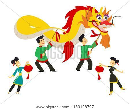 Chinese new year festival/Dragon dance. vector illustration in flat style.
