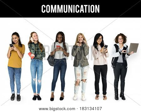 Diverse of Young Women Using Digital Devices Communication Studio Isolated
