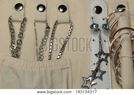 These are jewellery and traveling small bag./ Women jewelery and white bag
