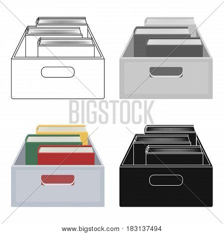 Books in box icon in cartoon design isolated on white background. Library and bookstore symbol stock vector illustration.