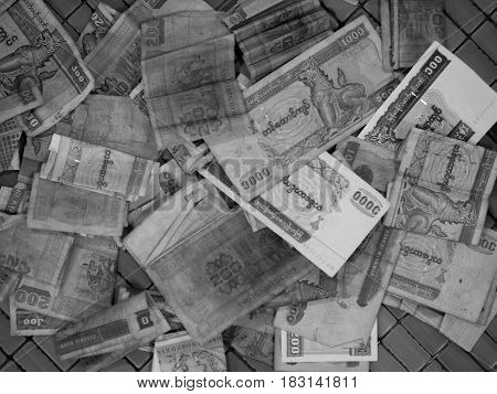 BLACK AND WHITE PHOTO OF OLD MYANMAR KYATS (CURRENCY OF BURMA)