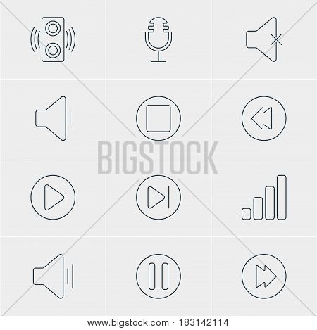 Vector Illustration Of 12 Music Icons. Editable Pack Of Amplifier, Mike, Reversing And Other Elements.