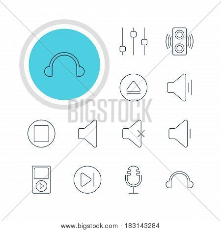 Vector Illustration Of 12 Music Icons. Editable Pack Of Mp3, Stabilizer, Decrease Sound And Other Elements.