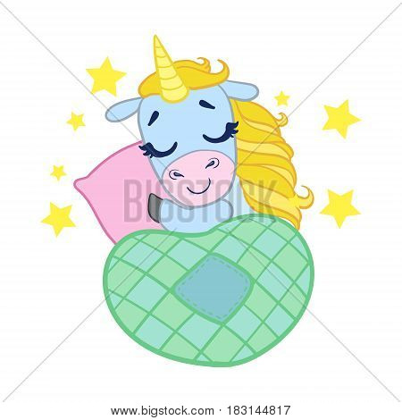 Cartoon light blue lovely sleeping unicorn. Colorful vector character isolated on a white background