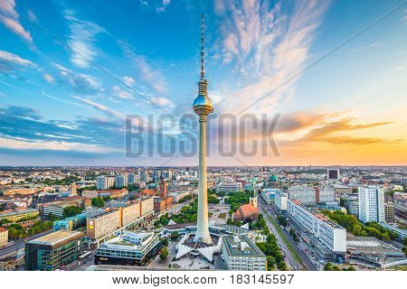 Berlin Skyline Panorama With Famous Tv Tower At Alexanderplatz At Sunset, Germany