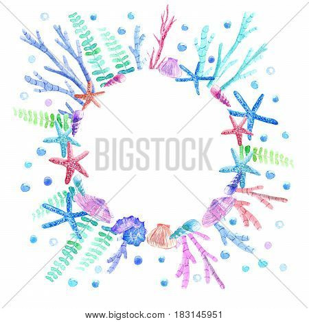 Shell, starfish, seaweed, coral and bubbles wreath.Underwater world image on a white background.Round frame.Watercolor hand drawn illustration.