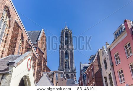 Church Tower And Colorful Houses In Utrecht