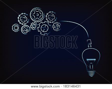 complex gearwheels mechanism connected to a lightbulb through a plug, concept of elaborating ideas (vector illustration with neon effect on mesh background)
