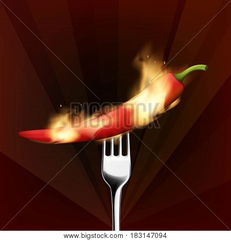 Red chilli pepper with a fork on fire. Stock vector illustration.