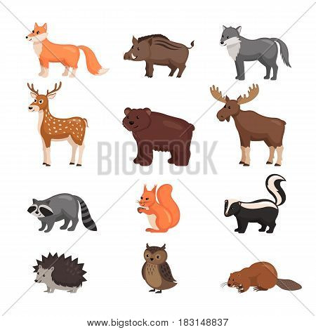 Forest animals set in flat style isolated on white background. Vector illustration. Carton animals.