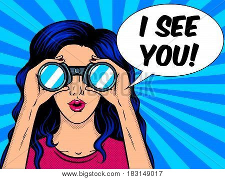 Woman looks through binocular pop art retro vector illustration. Comic book style imitation.