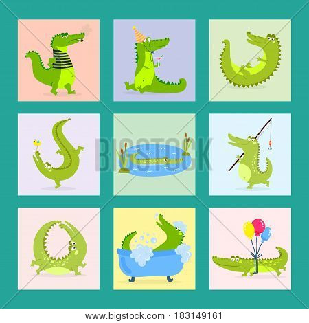 Cartoon green crocodile funny predator and australian wildlife river reptile carnivore alligator scales teeth flat vector illustration. Tropical africa safari zoo character crocodylus.