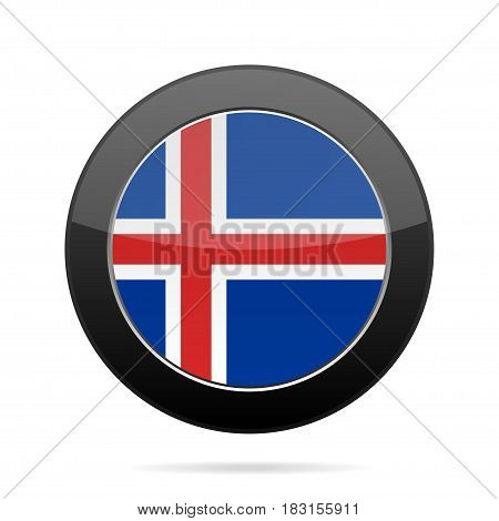 National flag of Iceland. Shiny black round button with shadow.