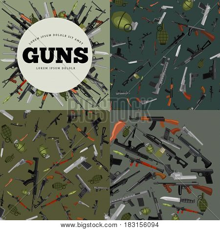 military gun set, automatic and hand weapon in magazine barrel with bullets for protection shoting or war collection, handgun for hunting and police equipment, ammunition background isolated vector illustration