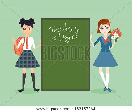 Schoolgirl character. Cartoon vector flat illustration. Congratulation on teacher day. Girls friend pupil in school uniforms. A student in a traditional school uniform.