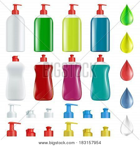 Set of plastic containers with soap for washing dishes. Isolated on white background. Stock vector illustration.