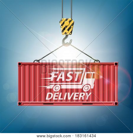 Metal container is hanging on the crane hook. Cargo delivery. Stock vector illustration.