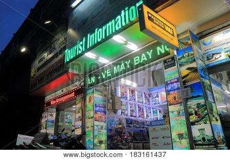 HO CHI MINH CITY VIETNAM - NOVEMBER 27, 2016: Travel agent office in Pham Ngu Lao street. Pham Ngu Lao street is a famous backpacker street.