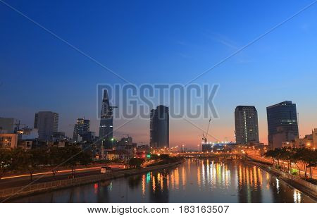 Ho Chi minh City sunrise Saigon river cityscape Vietnam