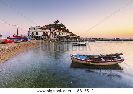 Boats in the harbour of Kokkari village on Samos island, Greece.